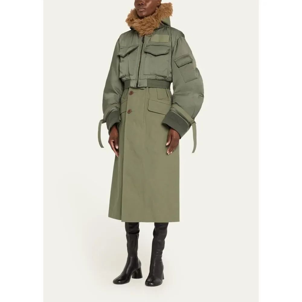 sacai x Spiewak faux fur trim nylon trench coat in bahaki Size 1